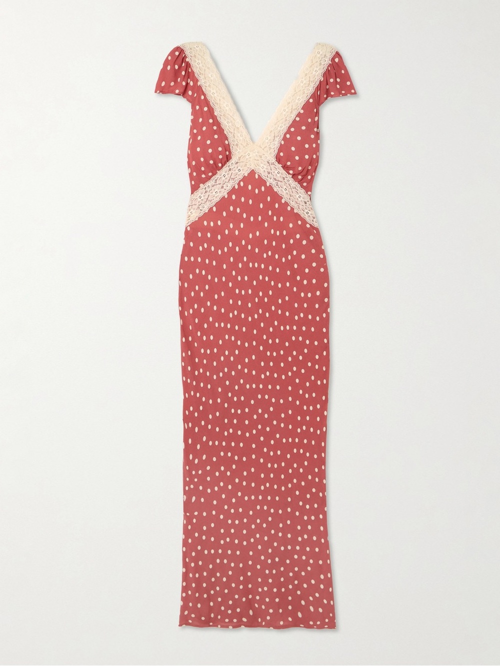 RIXO Iggy lace-trimmed polka-dot crepe de chine midi dress